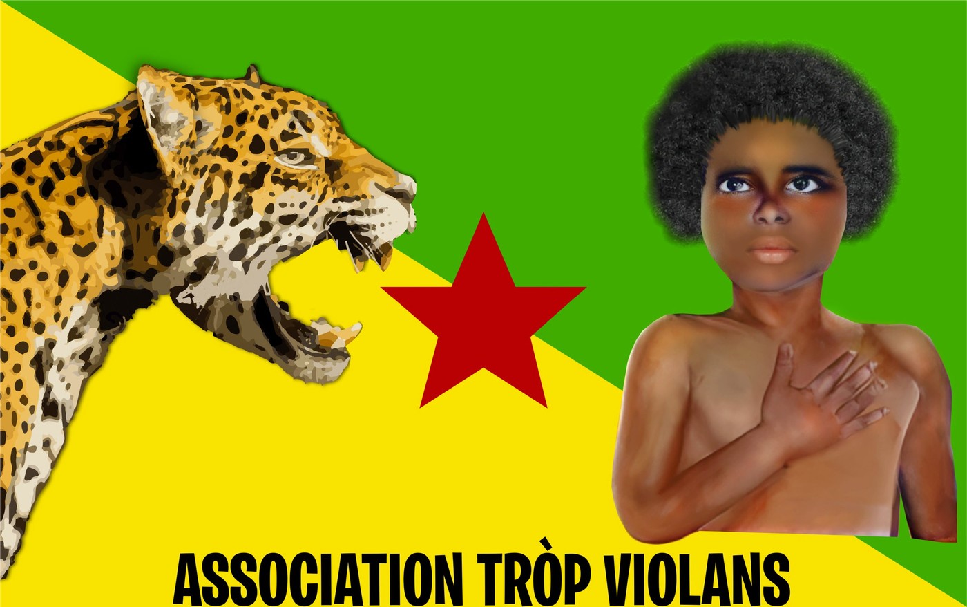 Visuel emblématique : jaguar guyanais et enfant sur drapeau de Guyane